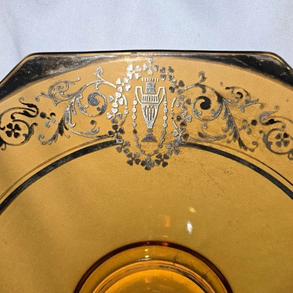 CAMBRIDGE AMBER GLASS Serving Sandwich Tray!  Art Deco Design,Sterling Etching! - Picture 4 of 9